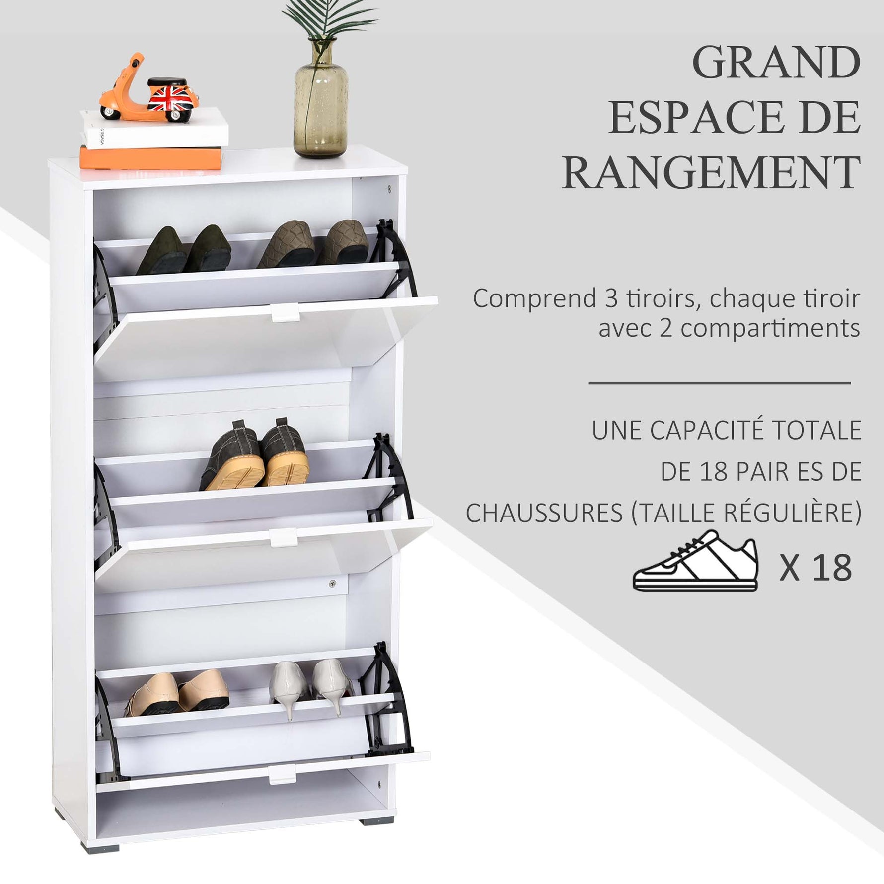 Meuble à Chaussures Armoire à chaussures 3 Portes abattantes 3 Compartiments en bois 60L x 26I x 124H cm Blanc laqué