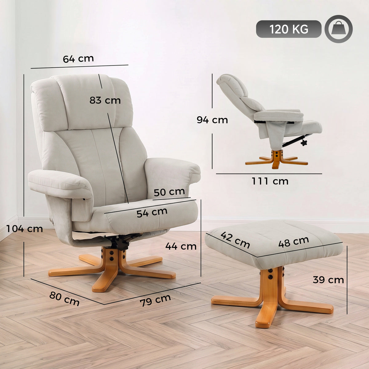 Recliner chair with footrest, relaxation chair, reclining backrest, padded seat, 79x80x104cm, cream