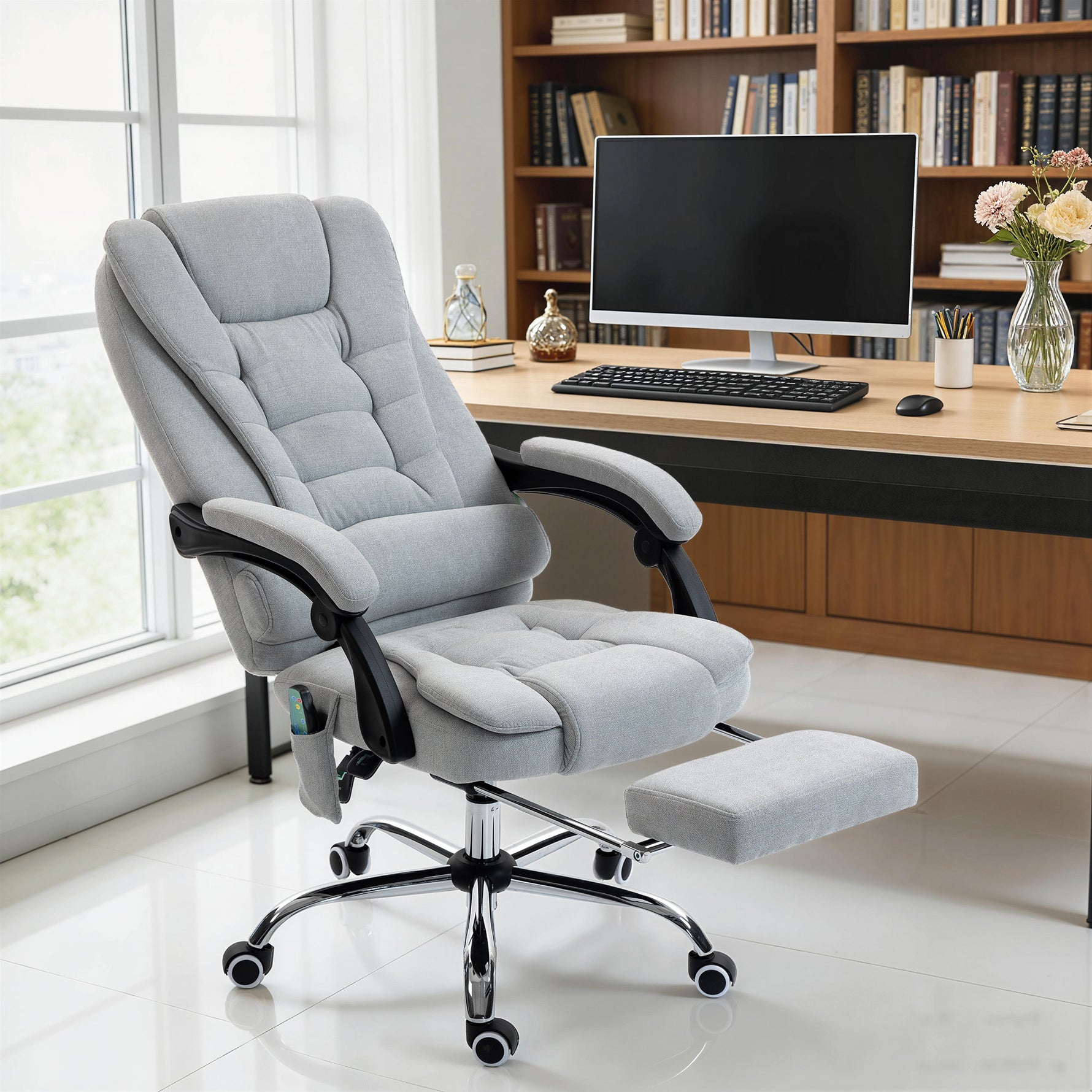 Fauteuil de bureau massant et chauffant, chaise de bureau, hauteur réglable, dossier inclinable, 65x70x111-119cm, gris