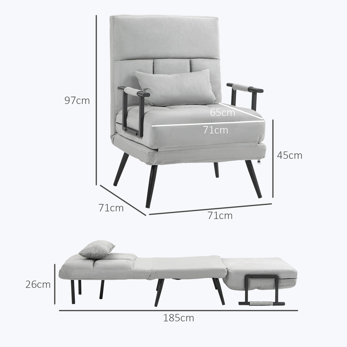 Fauteuil convertible 3 en 1 lit 1 place dossier inclinable 5 positions, accoudoirs et coussin, tissu effet velours, gris