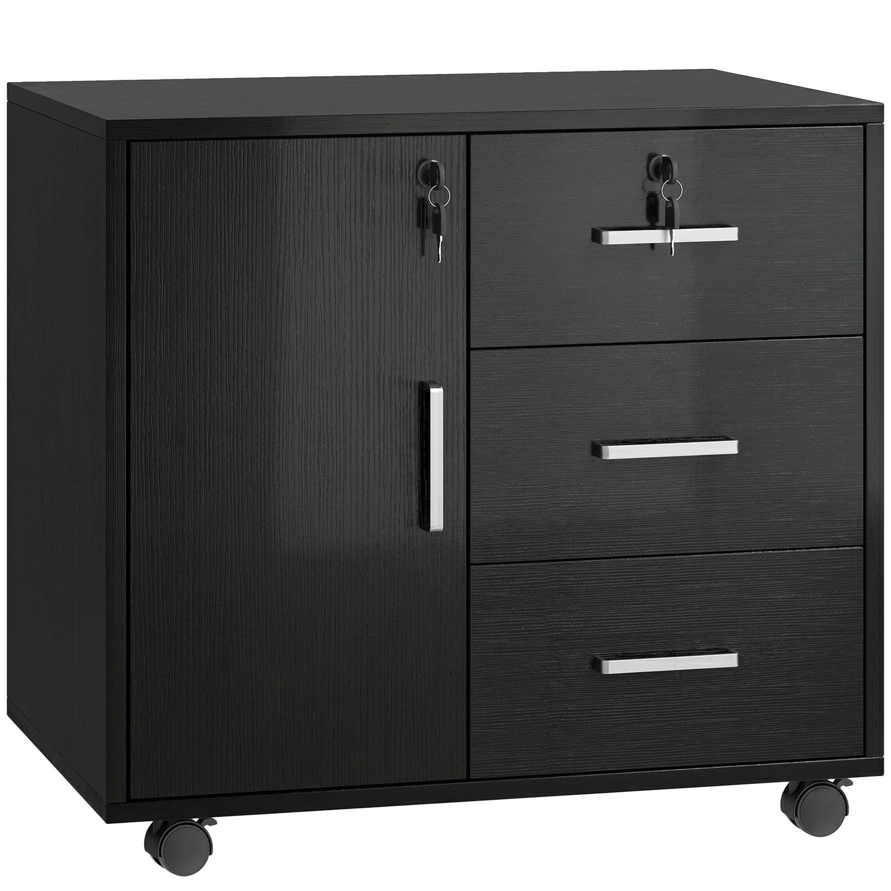 Caisson bureau meuble de rangement verrouillable avec 3 tiroirs et étagère réglable, roulettes, 40 x 60 x 56 cm, noir