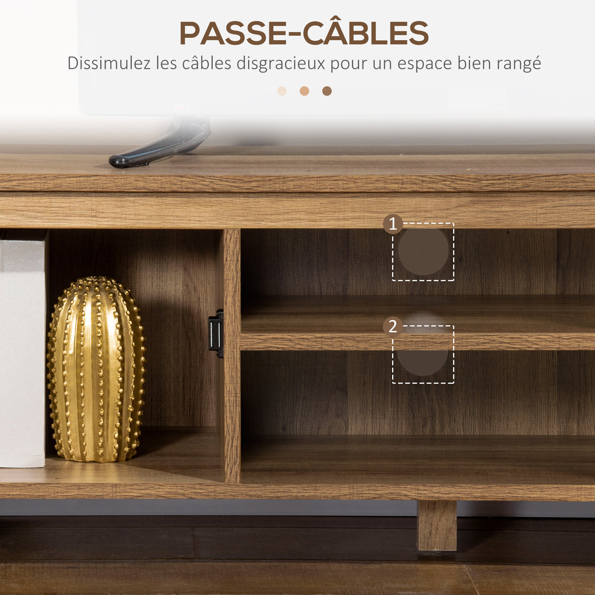 Meuble TV Banc TV 110 cm Design Industriel, avec 2 placards, 2 niches, 2 Passe-Fils, Aspect Bois veinage Portes métal Noir