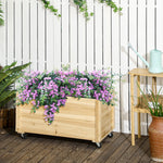Jardinière de jardin surélevée bac à fleurs roues en bois de sapin dim. 89L x 48l x 47H cm bois naturel