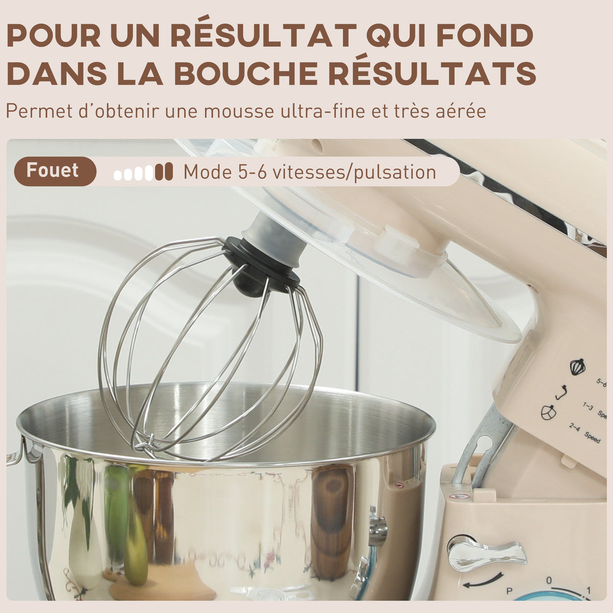 Robot pâtissier 1300 W, robot pétrin professionnel 4,5 L, bol d'acier inoxydable, 6+P vitesses et pulse, beige