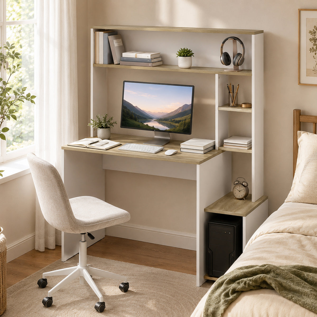 Bureau Informatique, 114 x 45 x 138 cm, Bureau avec Rangement, Étagères Ouvertes et Support UC, Blanc et Bois Naturel