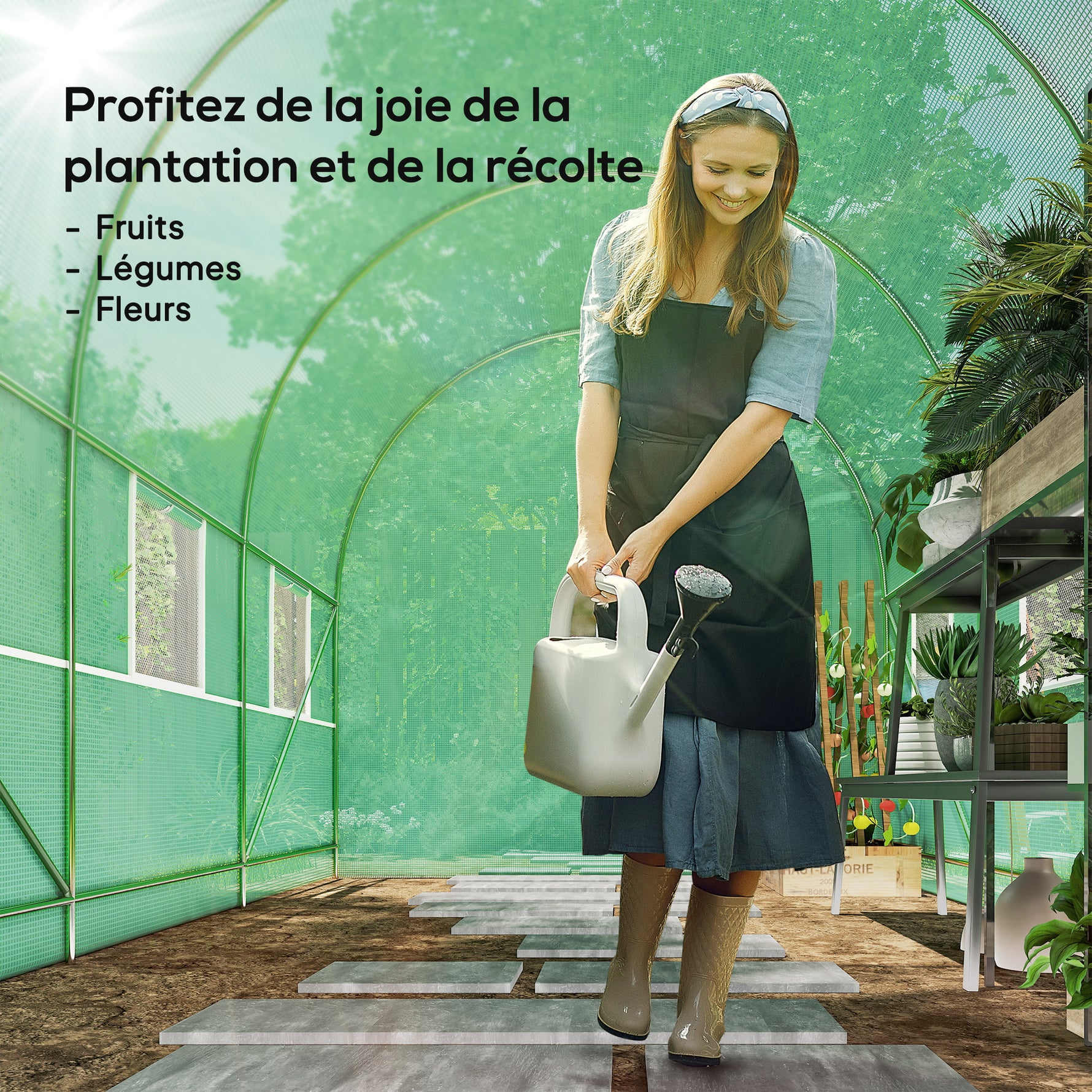Serre de Jardin Tunnel Surface Sol 7m² 3,5L x 2l x 2H m châssis Tubulaire renforcé Porte zippée 6 fenêtres enroulables Vert