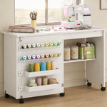 Table de Couture Pliante, Meuble Couture Roulant, Porte Magnétique de Grange, 2 Bacs, Étagère, 18 Chevilles, Blanc