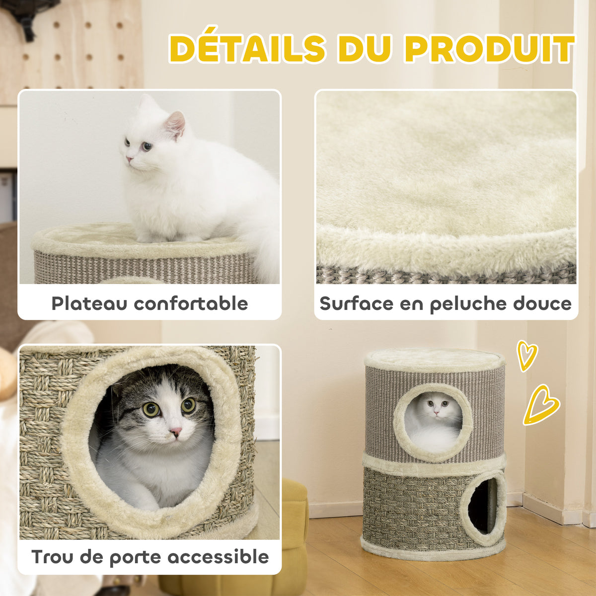 Tonneau à gratter pour chat arbre à chat sisal naturel et herbiers marins recouvert de peluche 35,5x35,5x49cm kaki café