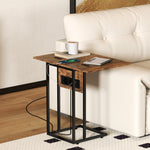 Table d'appoint bout de canapé avec station de charge, plateau pliable, 39 x 29 x 57 cm, brun rustique et noir
