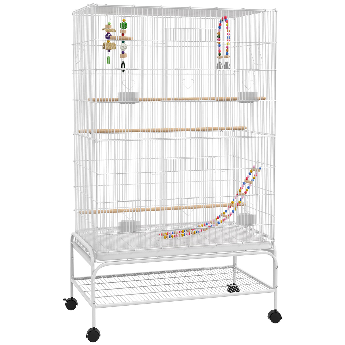 Cage à oiseaux sur pieds roulettes avec 4 mangeoires et 3 perchoirs 79 x 49 x 133 cm blanc
