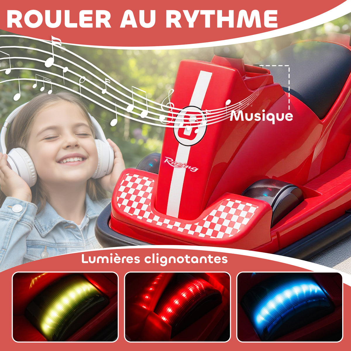 Auto-Tamponneuse Enfant 6V, Rotation à 360°, Musique, Klaxon, Démarrage Doux, 2,5 km/h, pour Âges 3-8, 74x53x48cm, Rouge