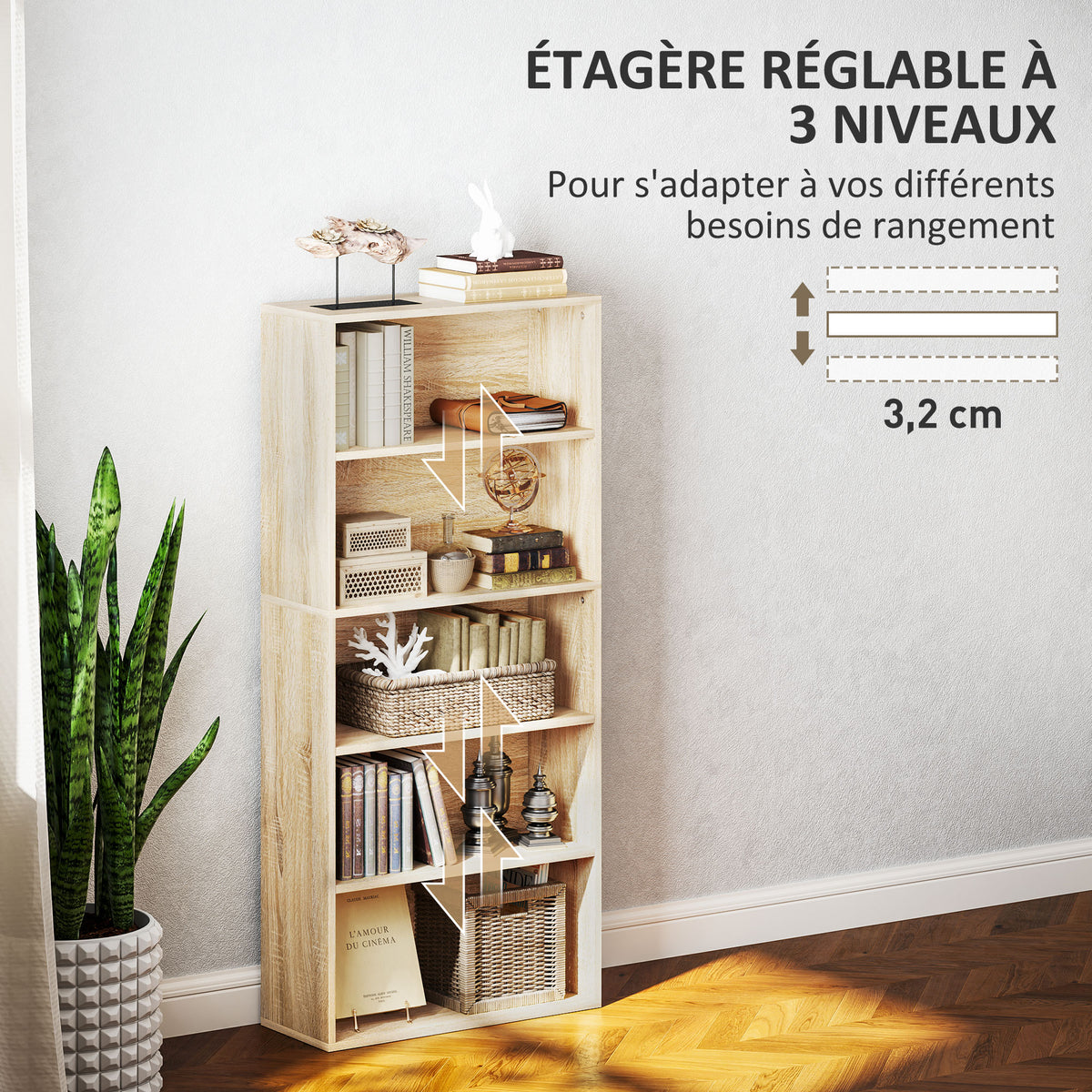 Bibliothèque étagère de rangement 5 niveaux avec étagères réglables pour salon, chambre, bureau, 60x24x133,5cm, naturel