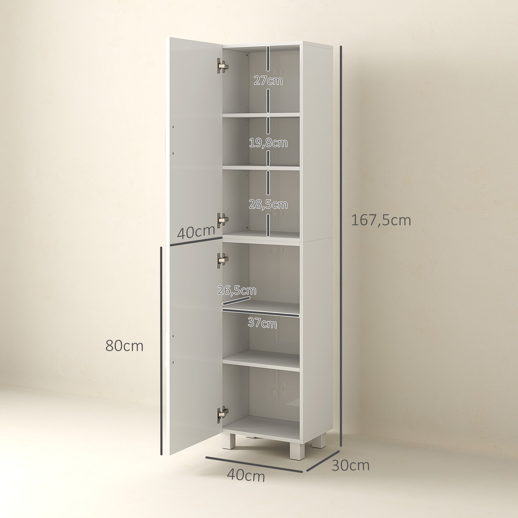 Mobile bagno alto a colonna con 2 ante e ripiani regolabili 40 x 30 x 167,5 cm bianco