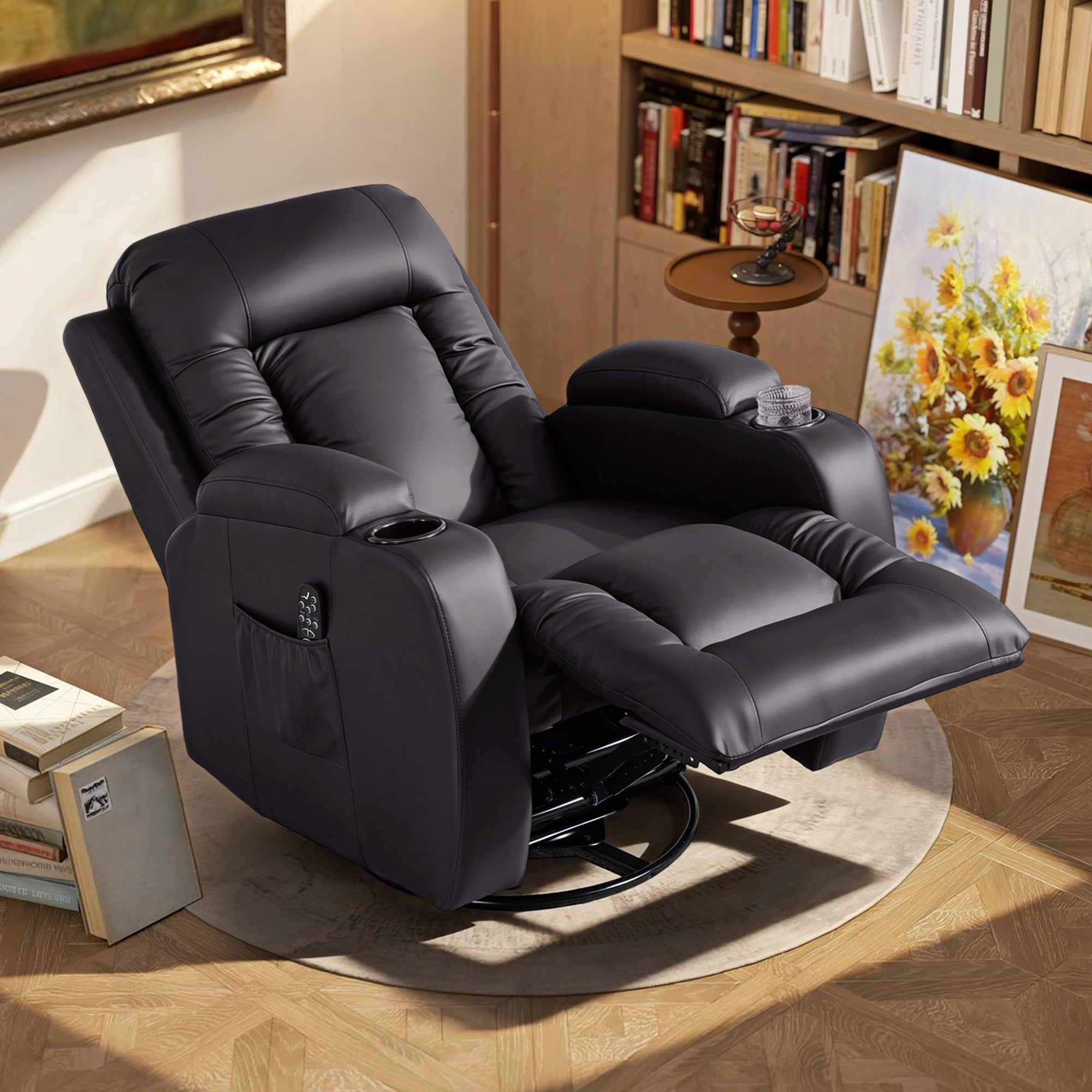 Fauteuil inclinable de massage et chauffage, fauteuil de relaxation, dossier réglable, pivotant 360°, 82x99x103cm, marron