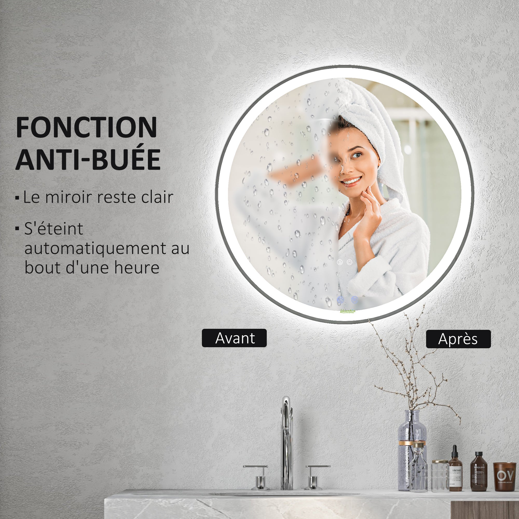 Miroir rond lumineux LED de salle de bain Ø 80 cm mural avec éclairage 3 couleurs interrupteur tactile 46W blanc argent