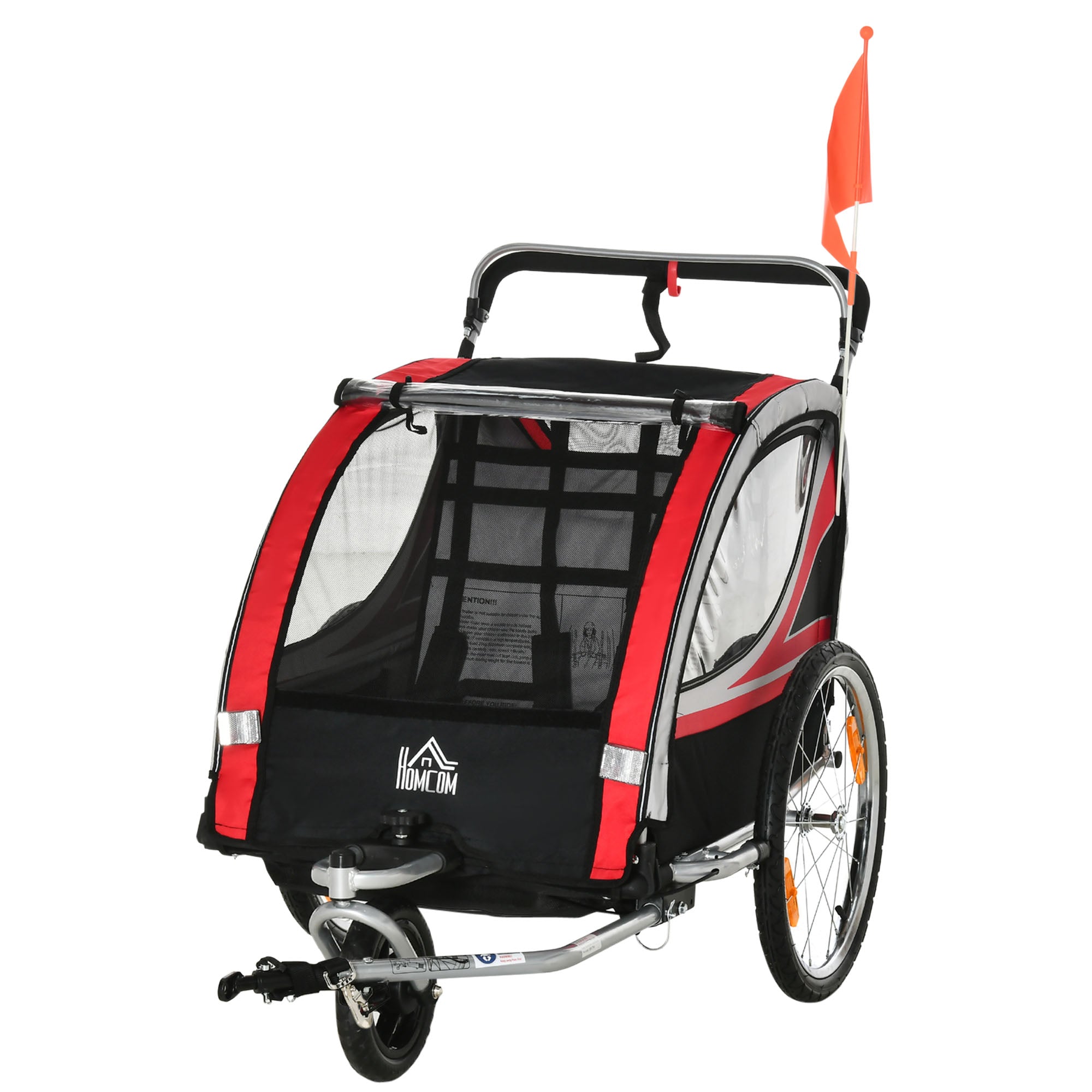 Remorque vélo pour enfant 2 en 1 convertible jogger poussette capacité 26,4 kg avec réflecteurs et drapeau - 2 places  - rouge