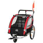 Remorque vélo pour enfant 2 en 1 convertible jogger poussette capacité 26,4 kg avec réflecteurs et drapeau - 2 places  - rouge