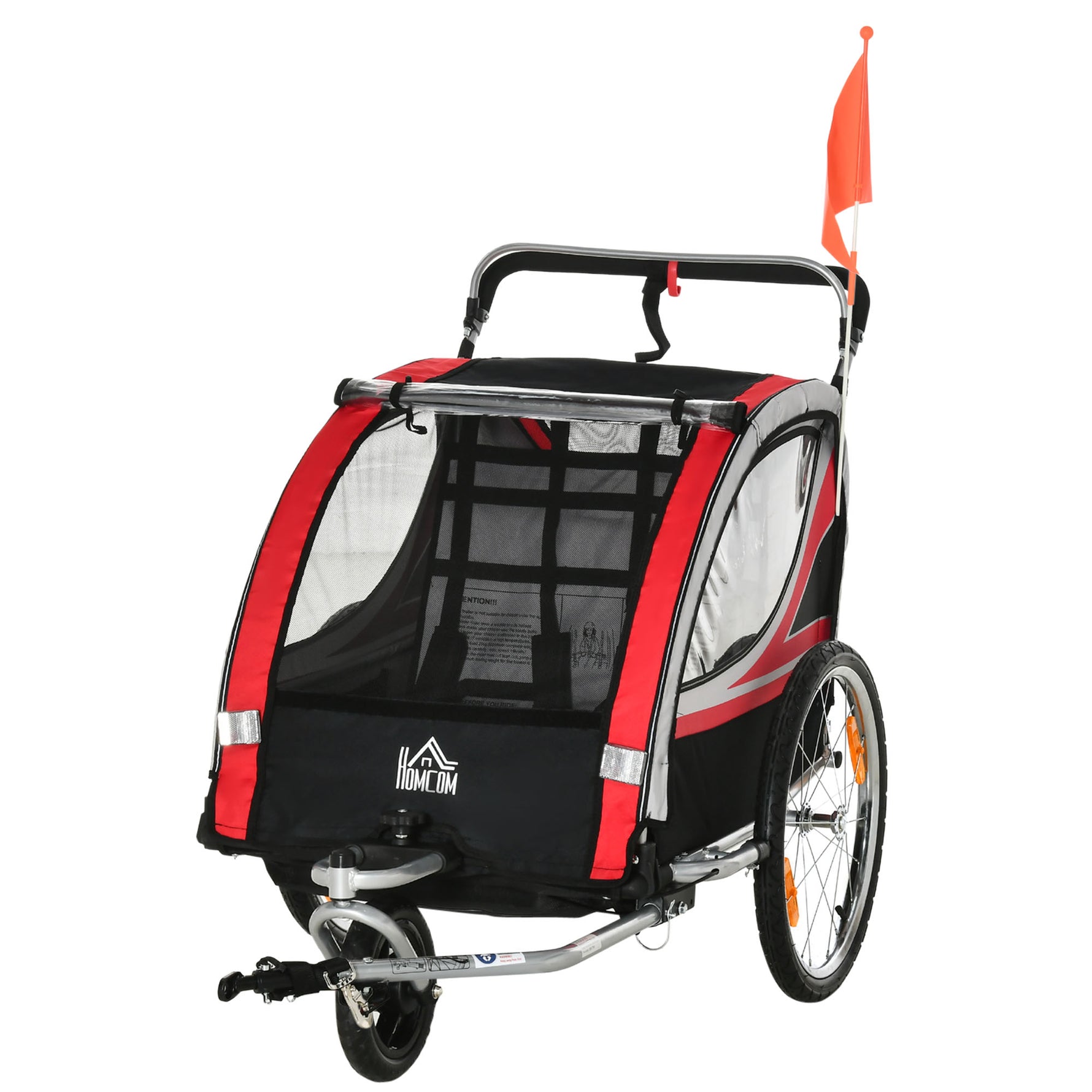 Remorque vélo pour enfant 2 en 1 convertible jogger poussette capacité 26,4 kg avec réflecteurs et drapeau - 2 places  - rouge