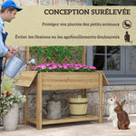 Jardinière rectangulaire sur pieds avec treillis 2 tablettes latérales rabattables 1 étagère inférieure bois