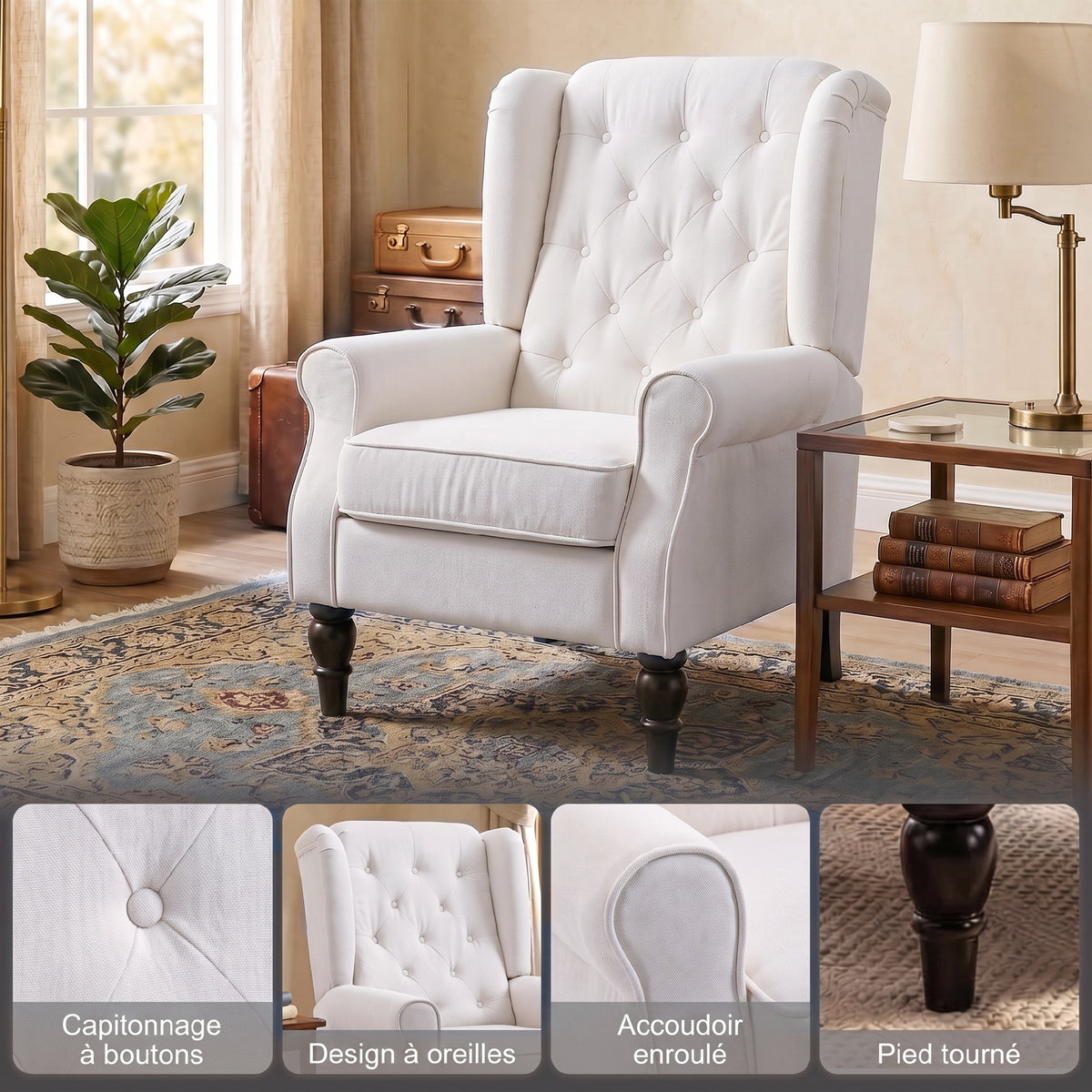 Fauteuil de Salon, Fauteuil d'Appoint Mid-Century Moderne en Flanelle Neige avec Haut Dossier Oreiller Capitonnée, Crème