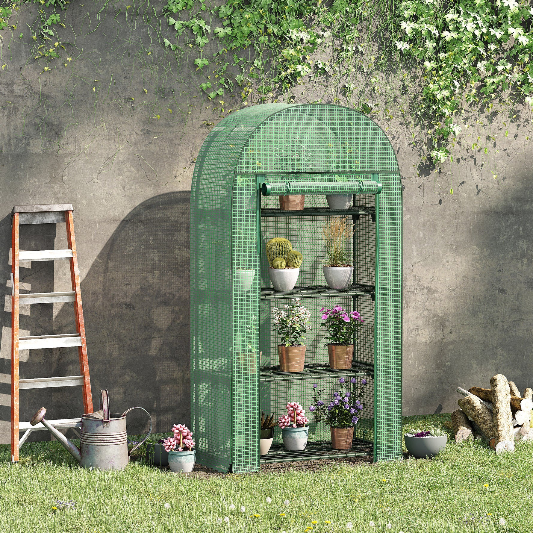 Serre de jardin serre de balcon résistante aux UV porte enroulable 4 étagères couverture en PE 80 x 49 x 160 cm vert