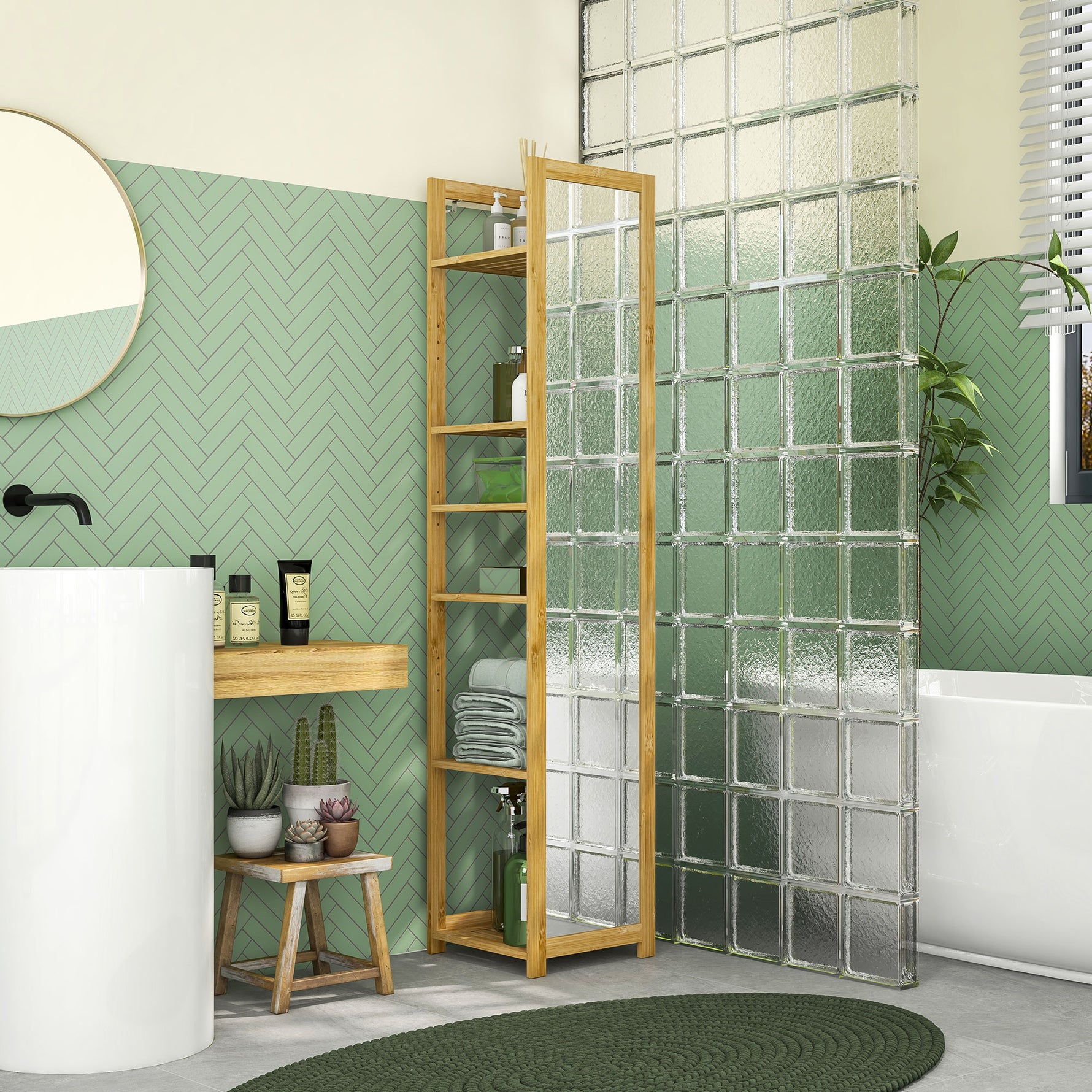 Meuble colonne de salle de bain à 6 niveaux en bambou avec miroir, 6 étagères, naturel, 35L x 35l x 168H cm
