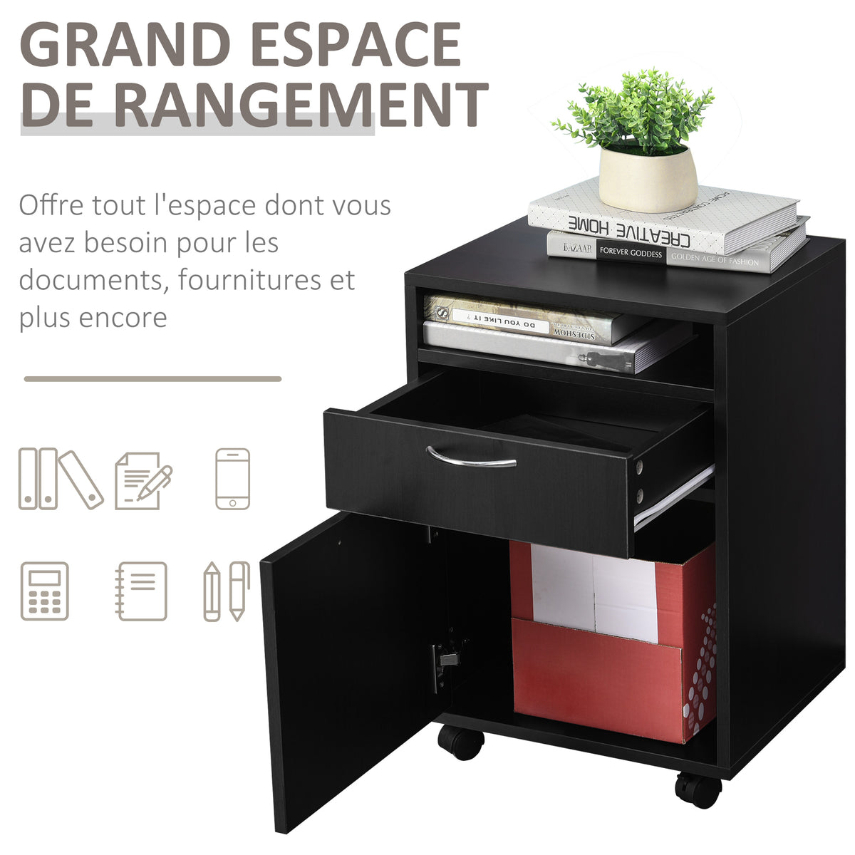 Caisson de bureau rangement bureau sur roulettes tiroir placard niche panneaux particules noir