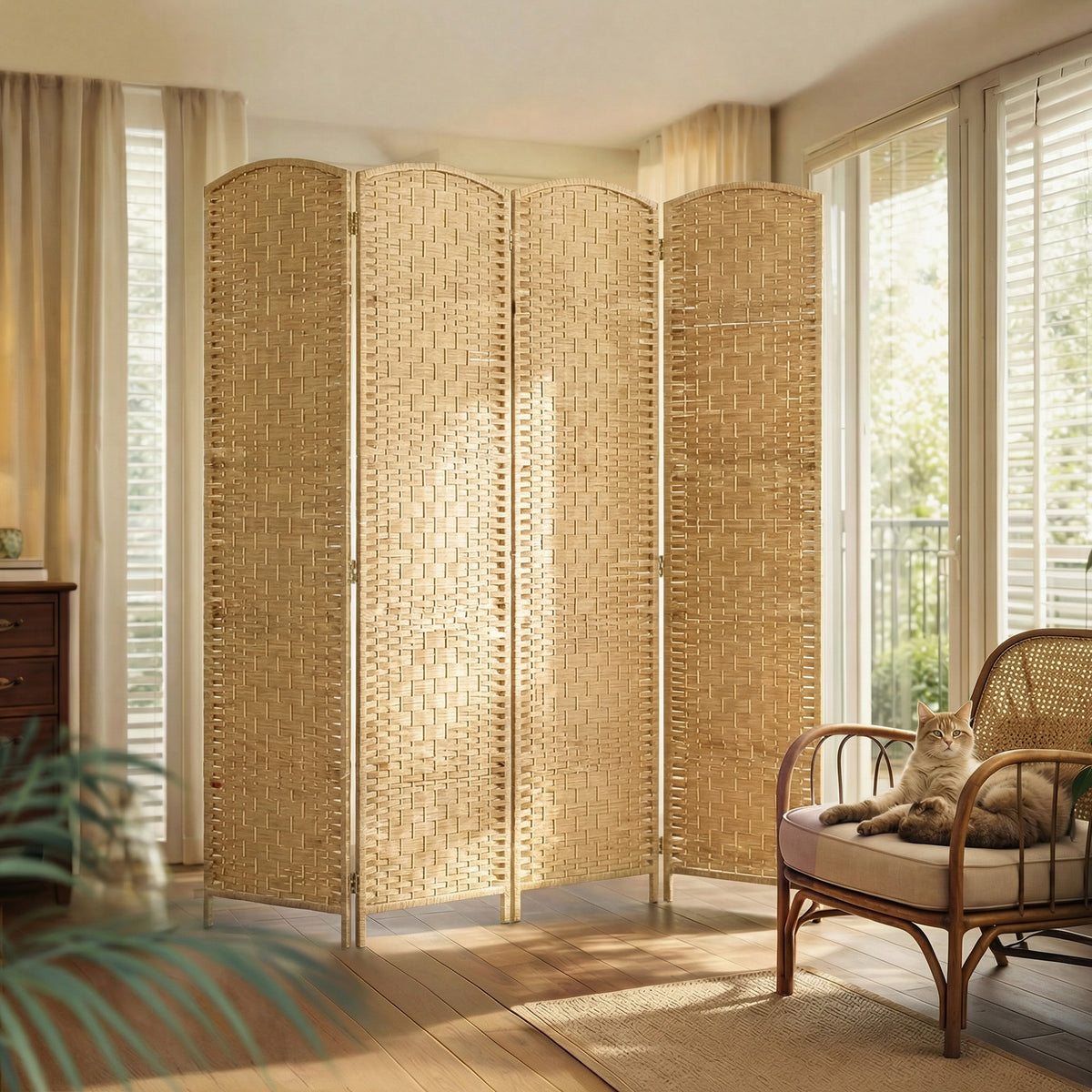 Paravent intérieur en bois 4 panneaux séparateur de pièce pliable pour salon chambre 180 x 180 cm bois naturel