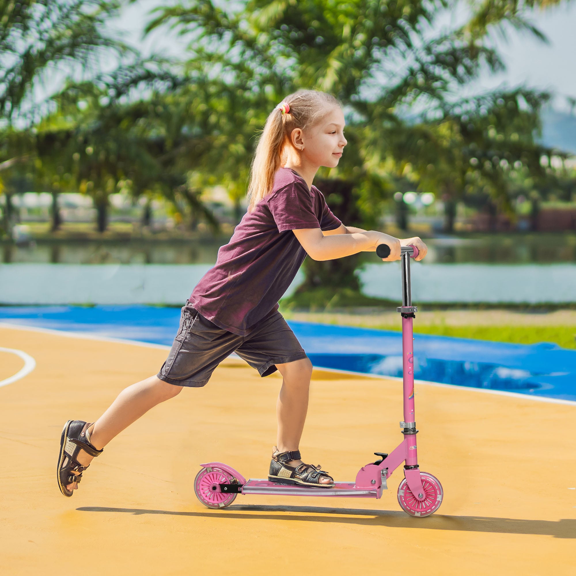 Foldable kids' scooter for ages 3 to 7 with light-up PU wheels and music, 67 x 32 x 78 cm, pink