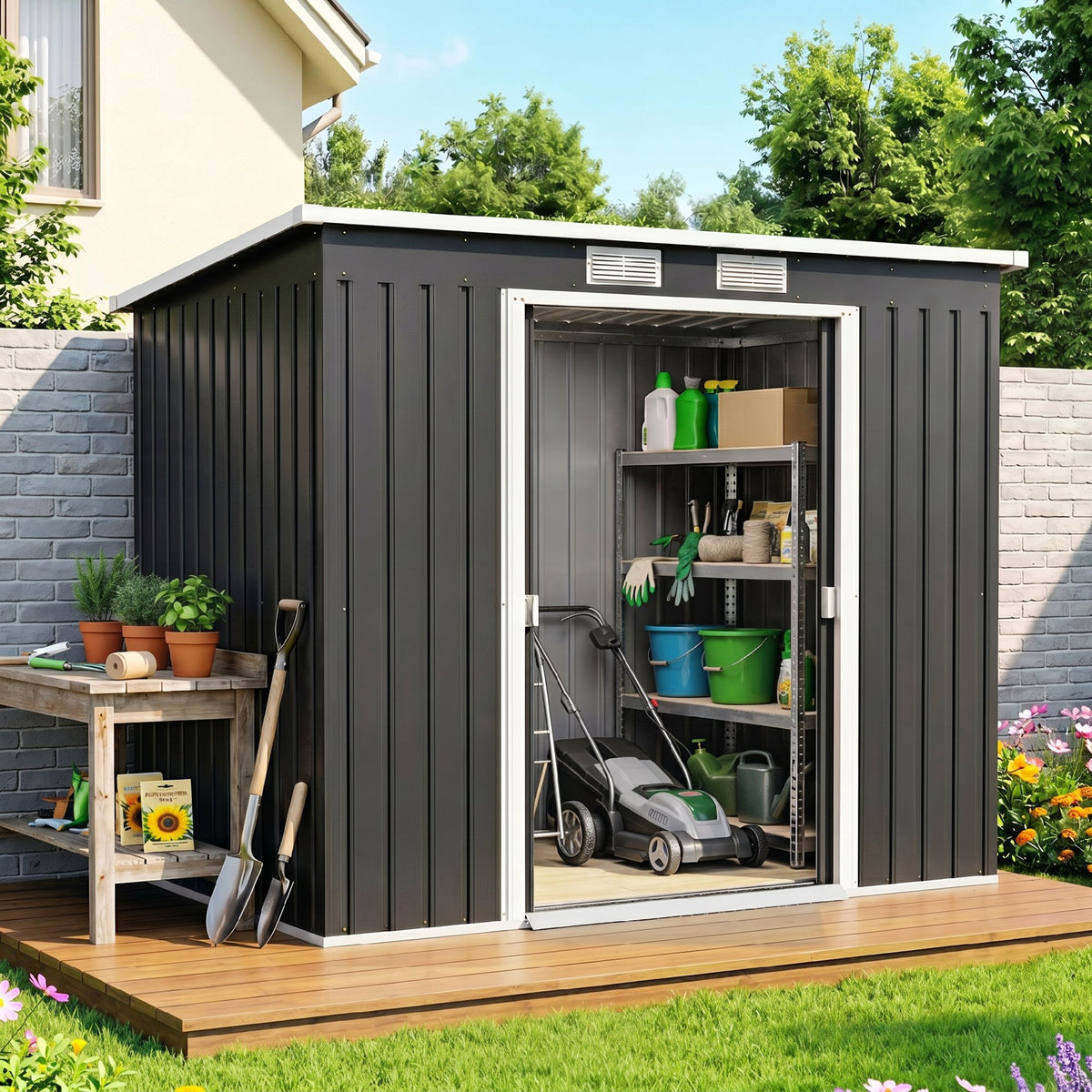 Abri de jardin 2,77 m² 213 x 130 x 172 cm kit de fondation porte coulissante ventilations acier galvanisé gris foncé