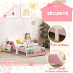 Lit enfant 70 x 140 cm, lit pour enfant avec barriere de securite et sommier à lattes, espace de rangement, rose