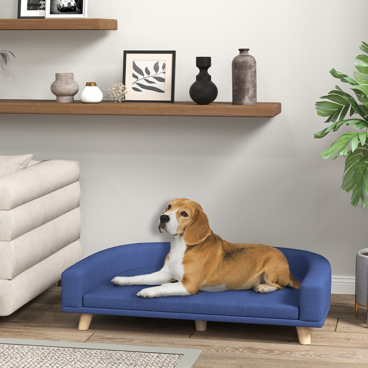 Txakur-sofa, txakur-ohe altxatua, kuxin garbigarria, egurrezko markoa, poliesterrezko ehuna, 98 x 67 x 25 cm, urdina