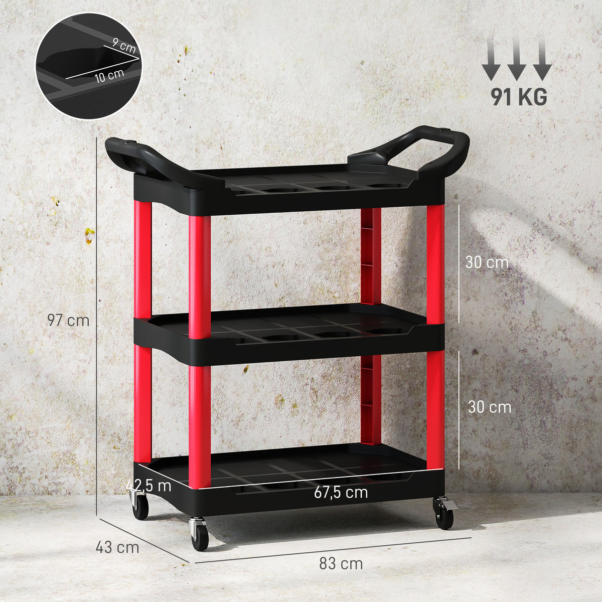 Chariot d'atelier à 3 niveaux avec poignée latérale pour garage, entrepôt, outils de bricolage, charge 91 Kg, noir