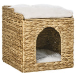 Niche pour chat 2 niveaux avec 2 coussins en jacinthe d'eau - 37,5 x 37,5 x 41,5 cm marron crème