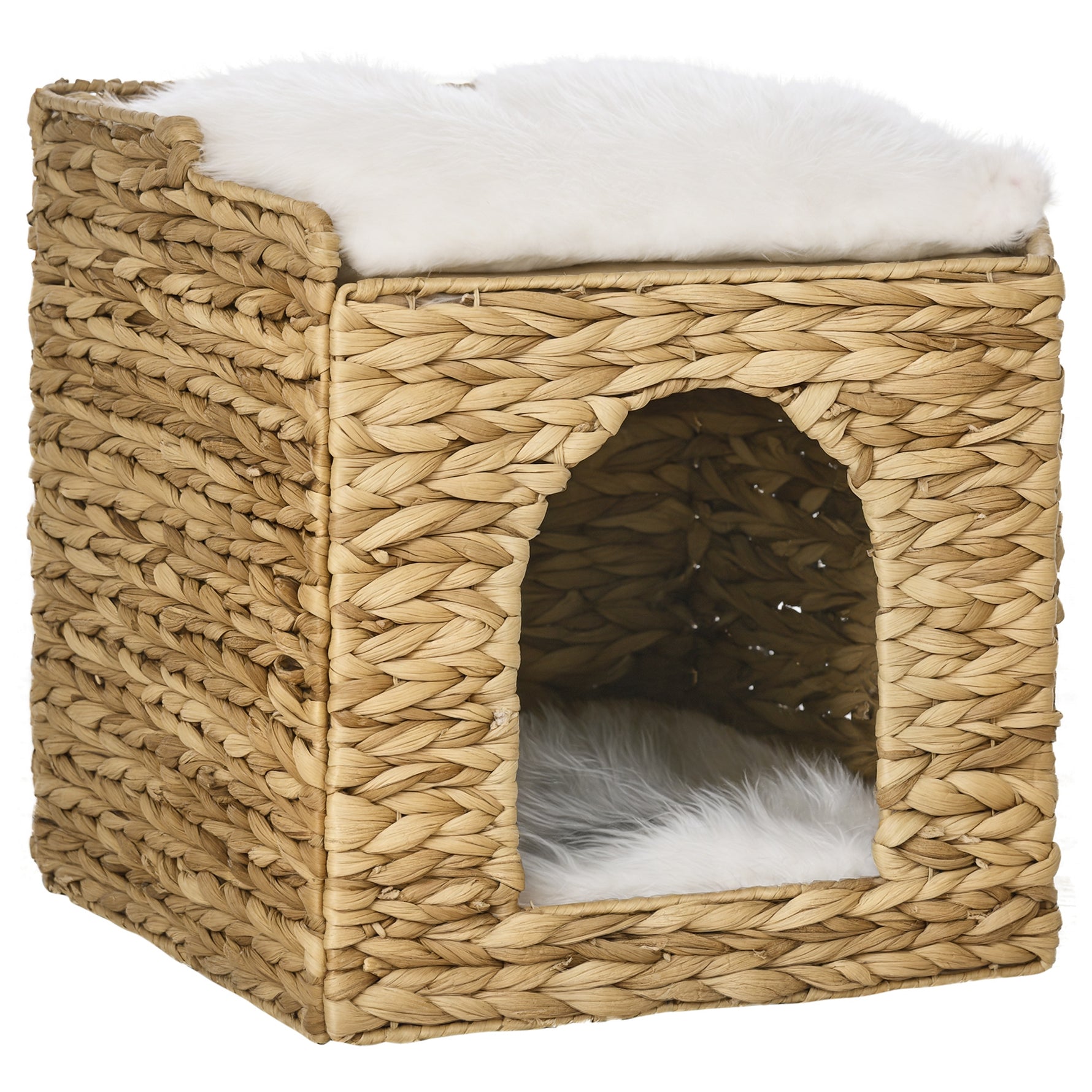 Niche pour chat 2 niveaux avec 2 coussins en jacinthe d'eau - 37,5 x 37,5 x 41,5 cm marron crème