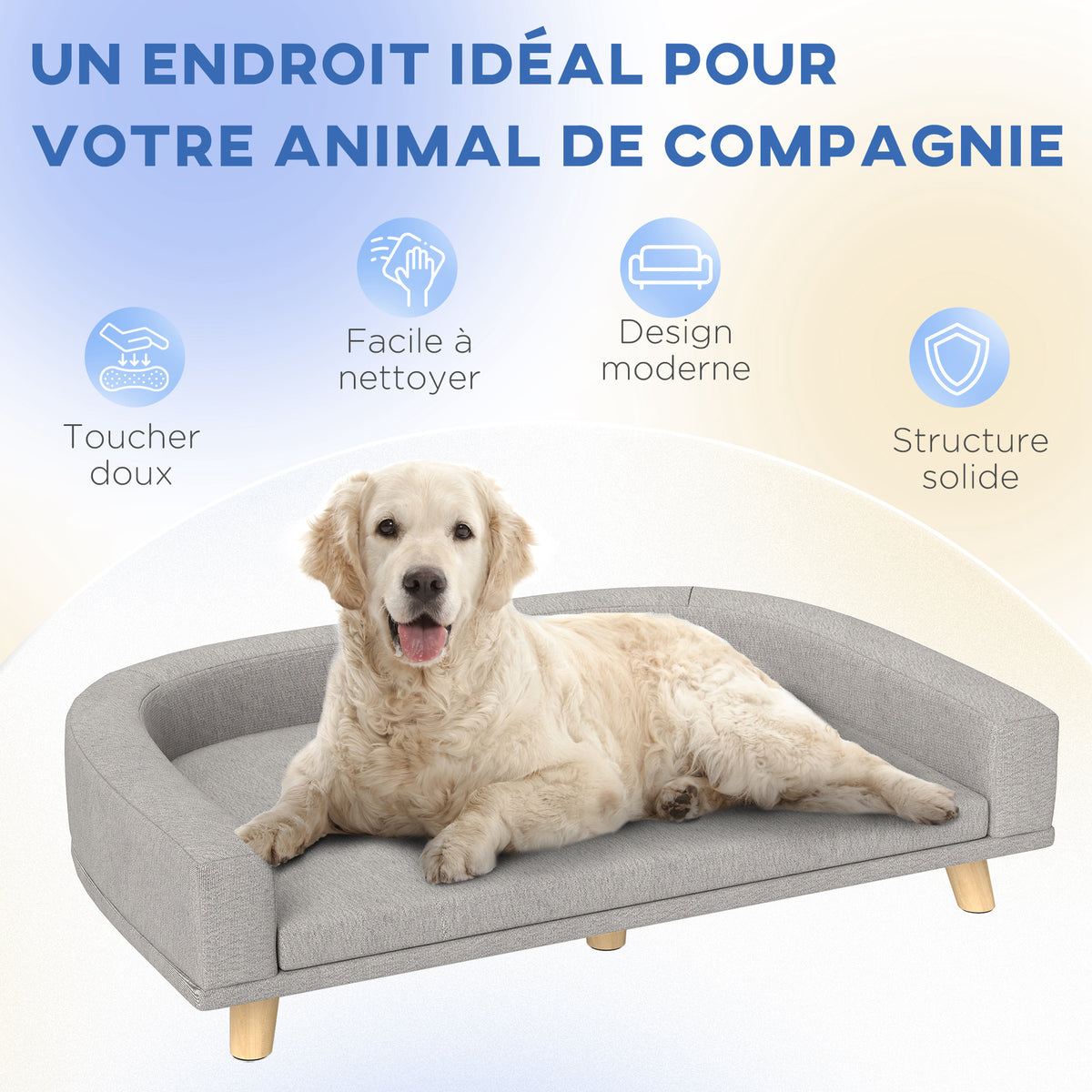 Canapé pour chien grand lit surélevé pour chien coussin lavable cadre en bois tissu polyester 98 x 67 x 25 cm gris