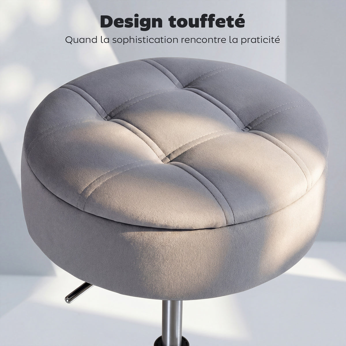 Sgabello da toeletta in velluto, sgabello da trucco girevole con vano portaoggetti, altezza regolabile da 49-65 cm, grigio