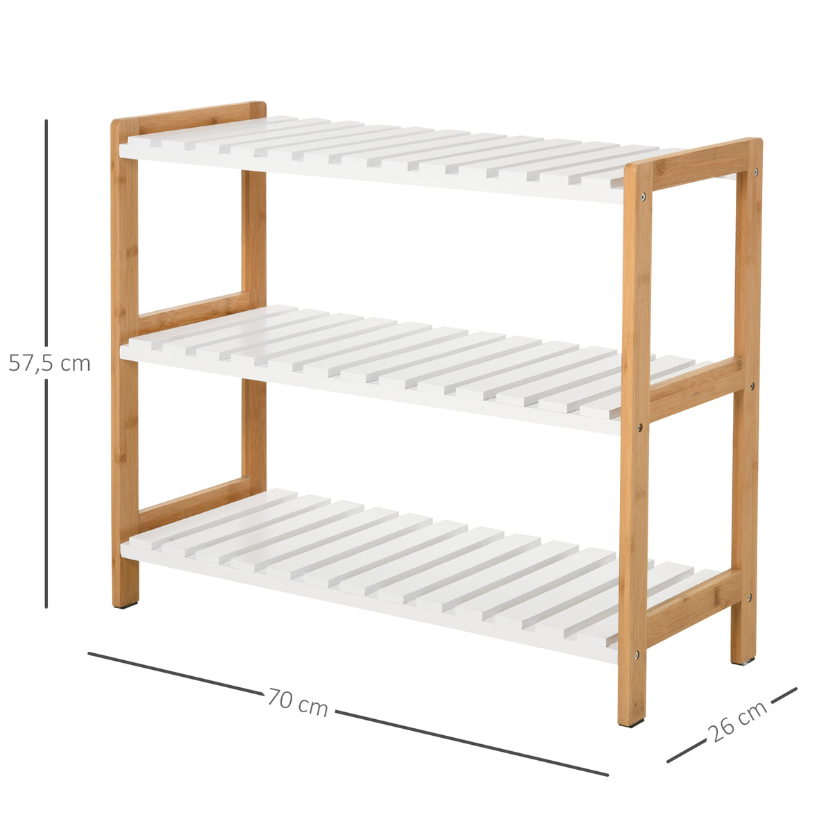 Étagère à chaussures à 3 niveaux, porte-chaussures en bois de pin avec 3 étagères à lattes, pour salon, entrée, 70 x 26 x 57,5 cm, blanc et effet bois naturel