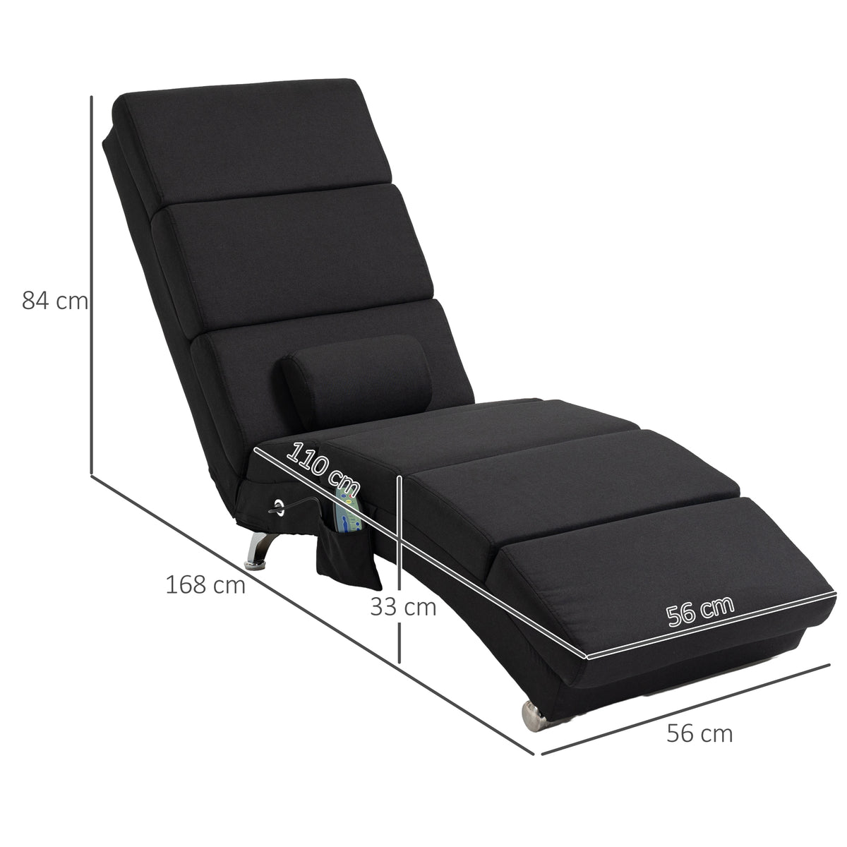 Fauteuil relax chaise longue de relaxation ergonomique, massant et chauffant avec télécommande 56 x 168 x 84 cm noir