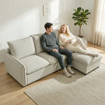 Canapé 3 places avec pouf de rangement, canapé d'angle modulable 212 cm, coussins à ressorts, tissu en lin, crème