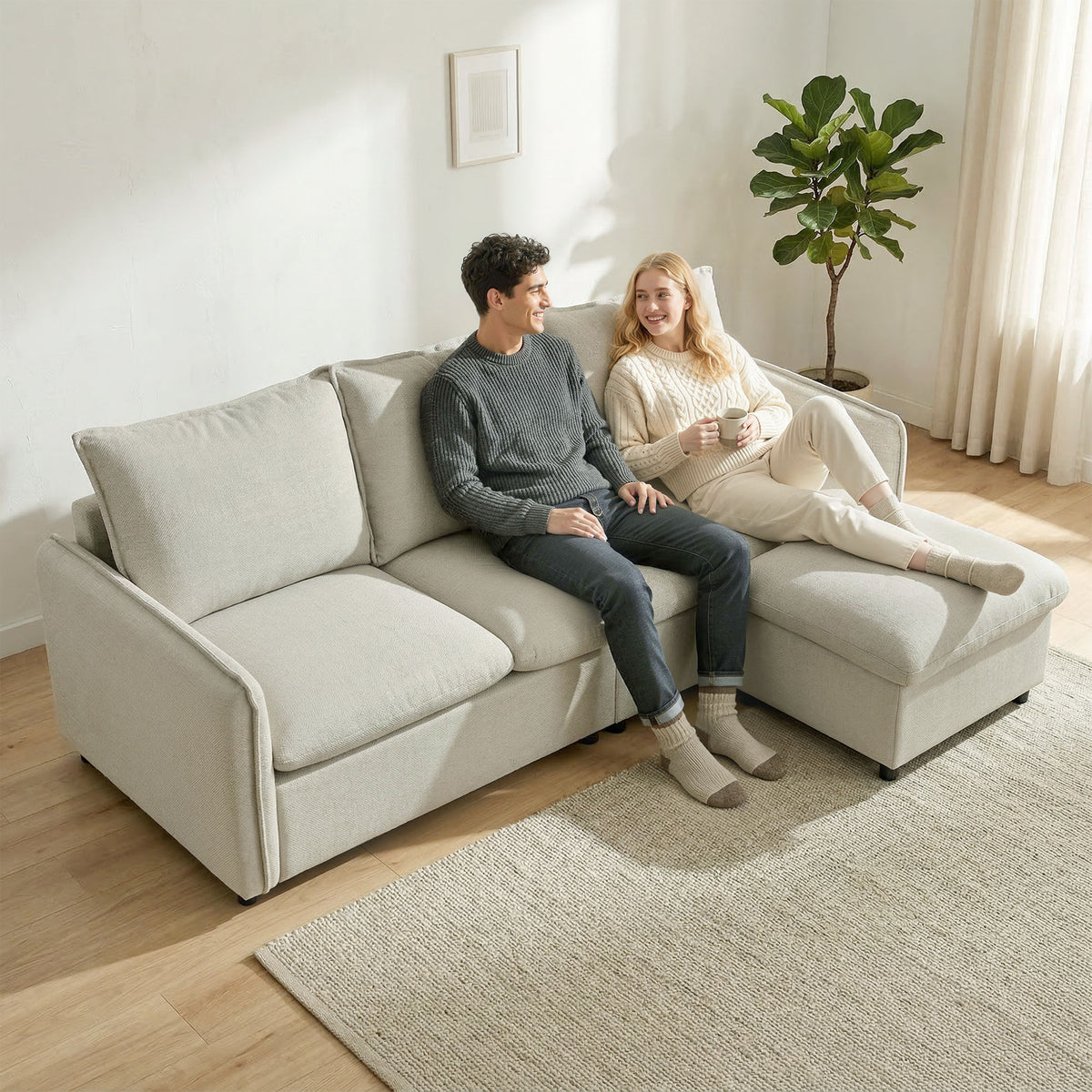 Canapé 3 places avec pouf de rangement, canapé d'angle modulable 212 cm, coussins à ressorts, tissu en lin, crème