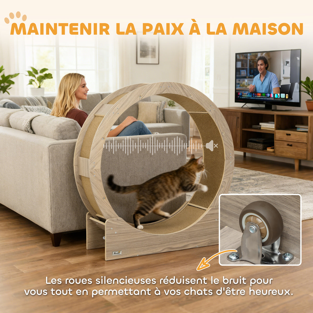 Roue d'exercice pour chat roue de course pour chat frein sécurisé et tapis de grattage amovible silencieux 91 cm marron