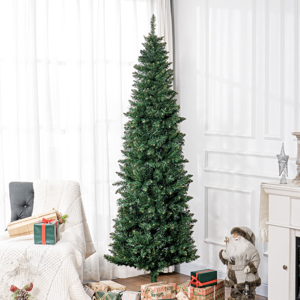 Sapin de Noël Artificiel 210 cm Arbre de Noël Slim avec support en acier pliable, 687 branches épines Vert