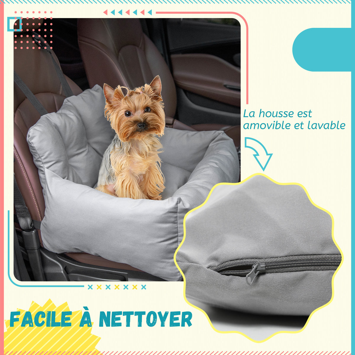 Siège d'auto pour animaux de compagnie sac de transport chien et chat rembourré de coton PP épais sûr et confortable fond antidérapant 50 x 54 x 33 cm gris foncé