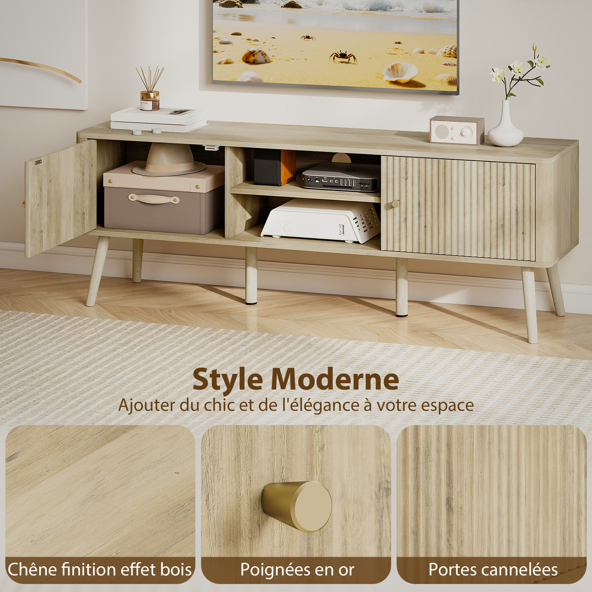Meuble TV, meuble télé jusqu'à 65 pouces avec 2 portes, 2 compartiments ouverts, étagère réglable, 140x35x49cm, chêne