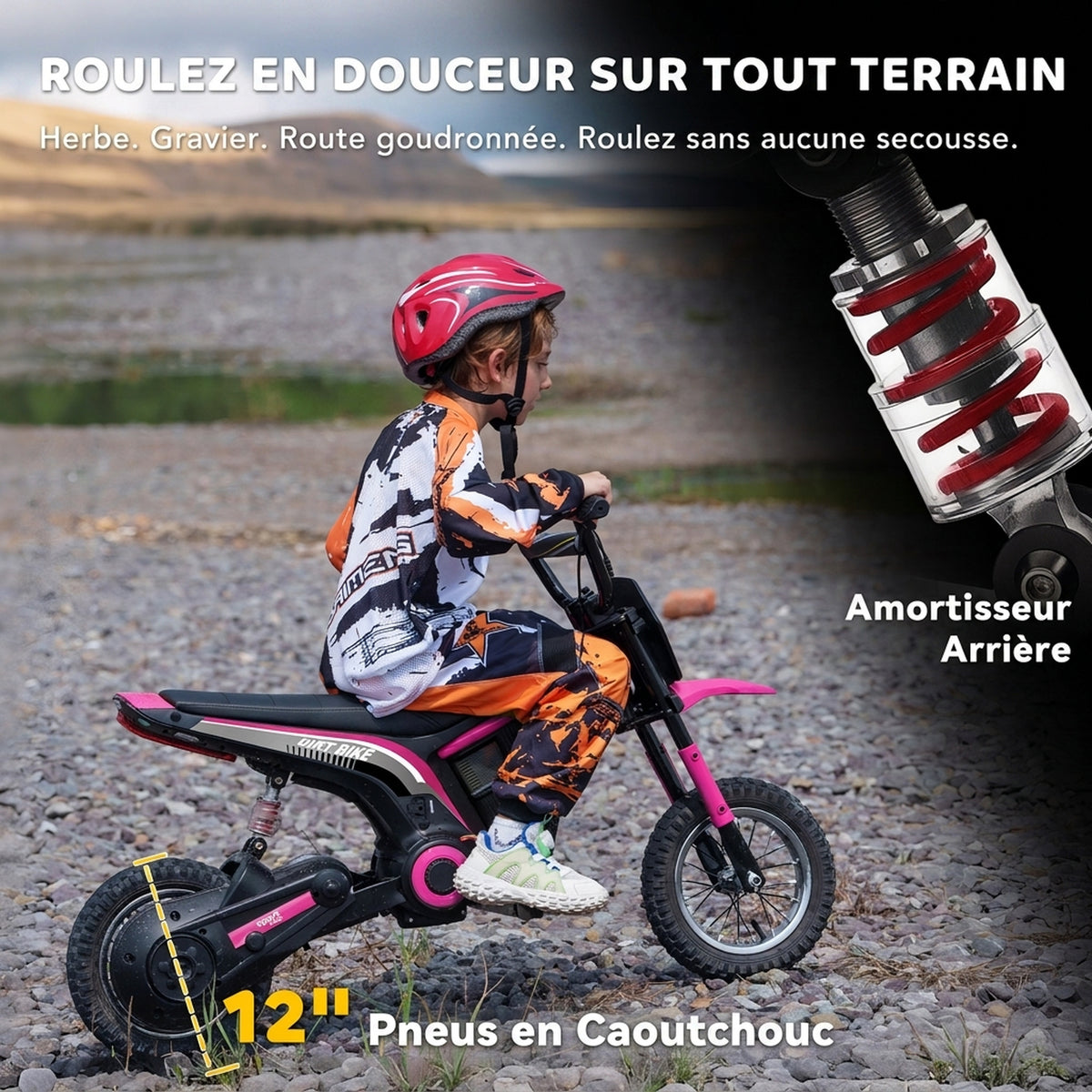 Moto cross électrique enfant moto électrique enfants moteur 350 W batterie 12V 8-16 km/h pneus gonflables 12'' rose