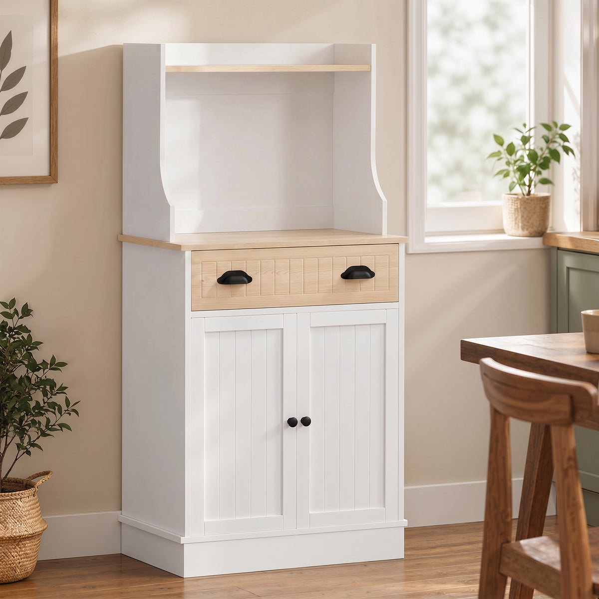 Kitchen microwave cabinet with open space, 1 drawer and 2-door cupboard, 61 x 35 x 125.4 cm, oak