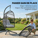 Fauteuil Œuf Suspendu Pliable avec Support Coussin 15cm et Appui-tête Gain de Place Résine Tressée 101x105x196cm Gris