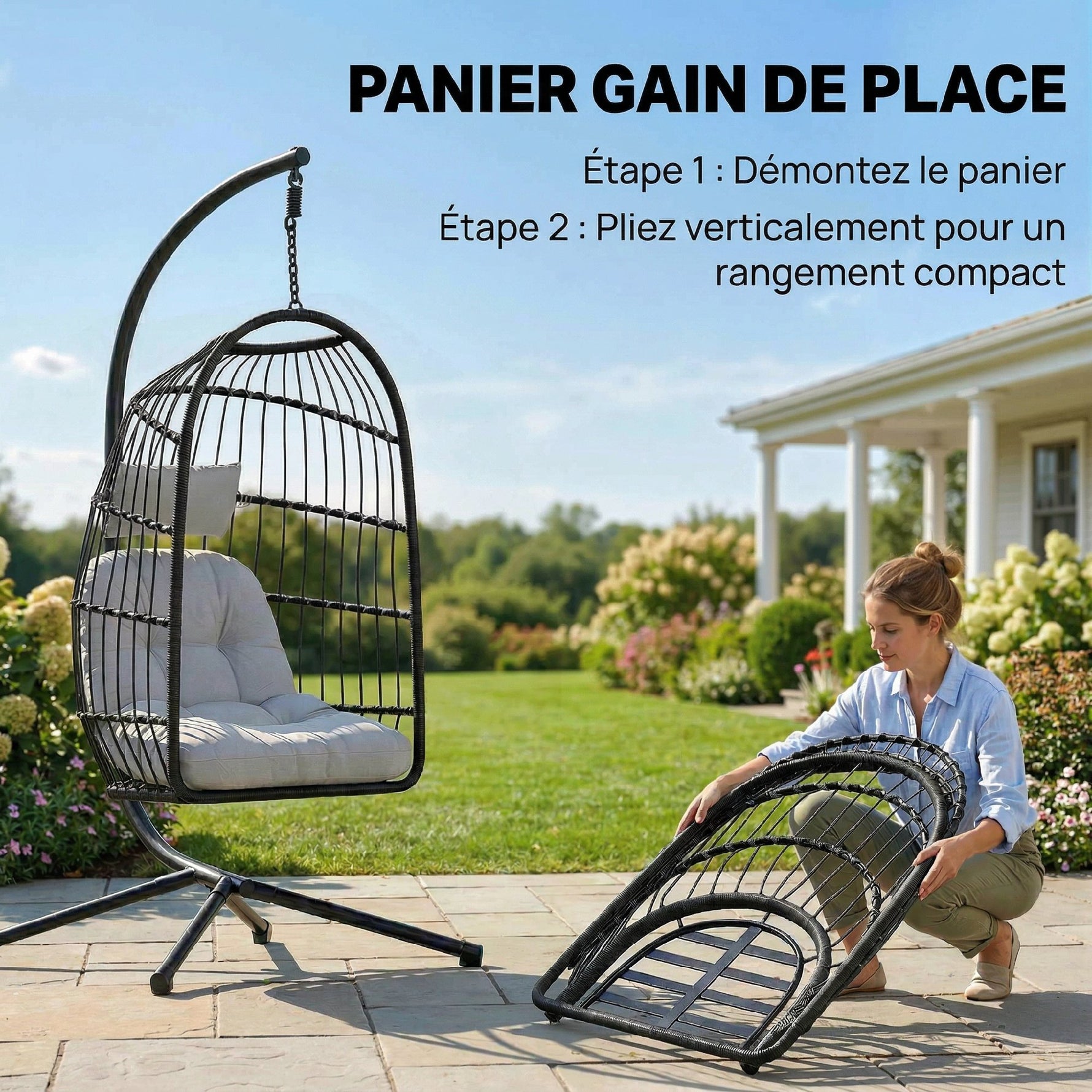 Fauteuil Œuf Suspendu Pliable avec Support Coussin 15cm et Appui-tête Gain de Place Résine Tressée 101x105x196cm Gris