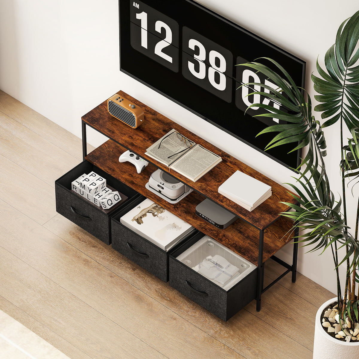 Meuble TV, meuble télé pour téléviseur jusqu'à 55 pouces avec 3 tiroirs et pieds en acier 120 x 29 x 56 cm brun rustique